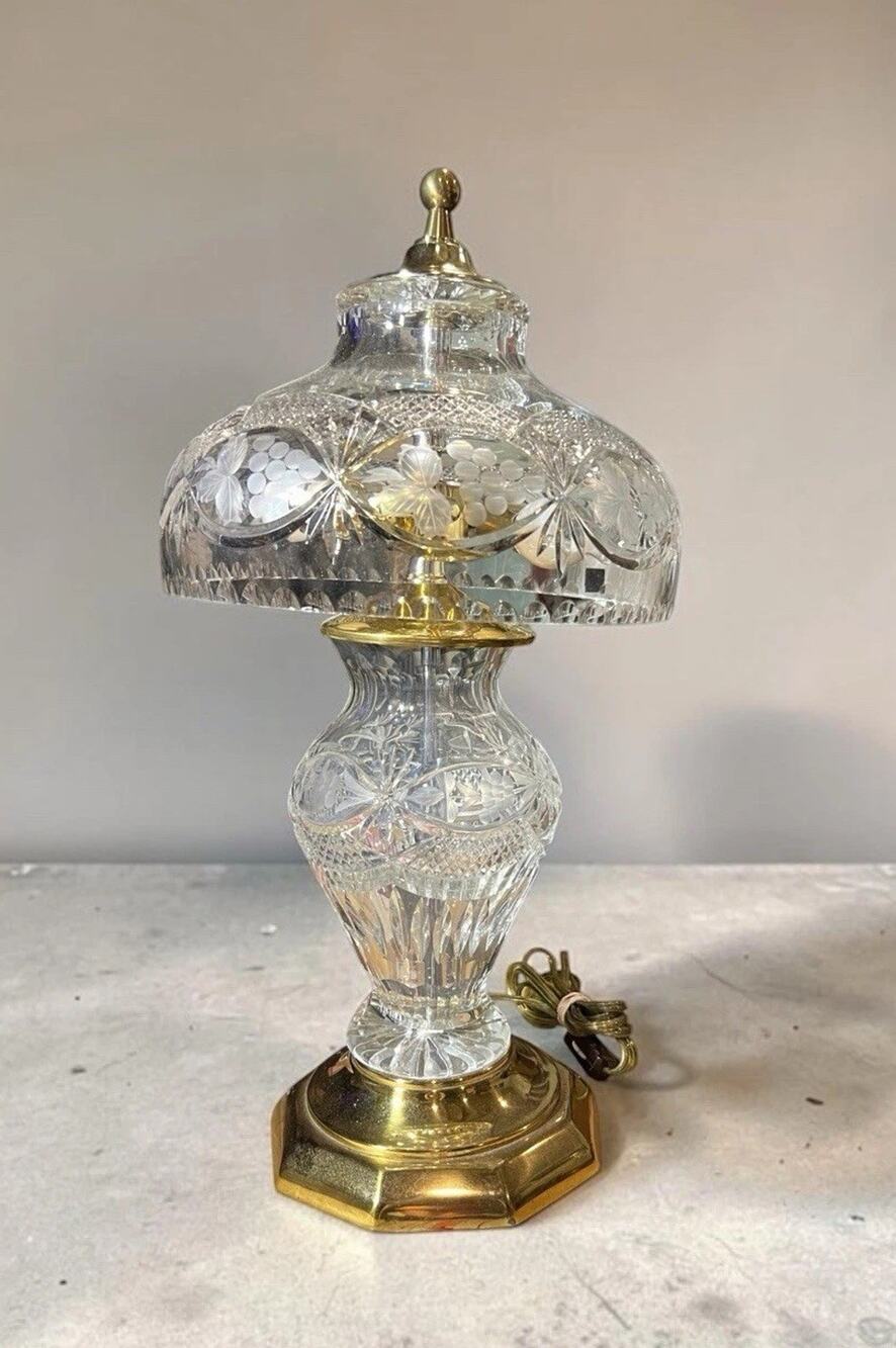 Vintage 23" Cut Crystal Table Lamp with Mushroom Shade & Brass Base